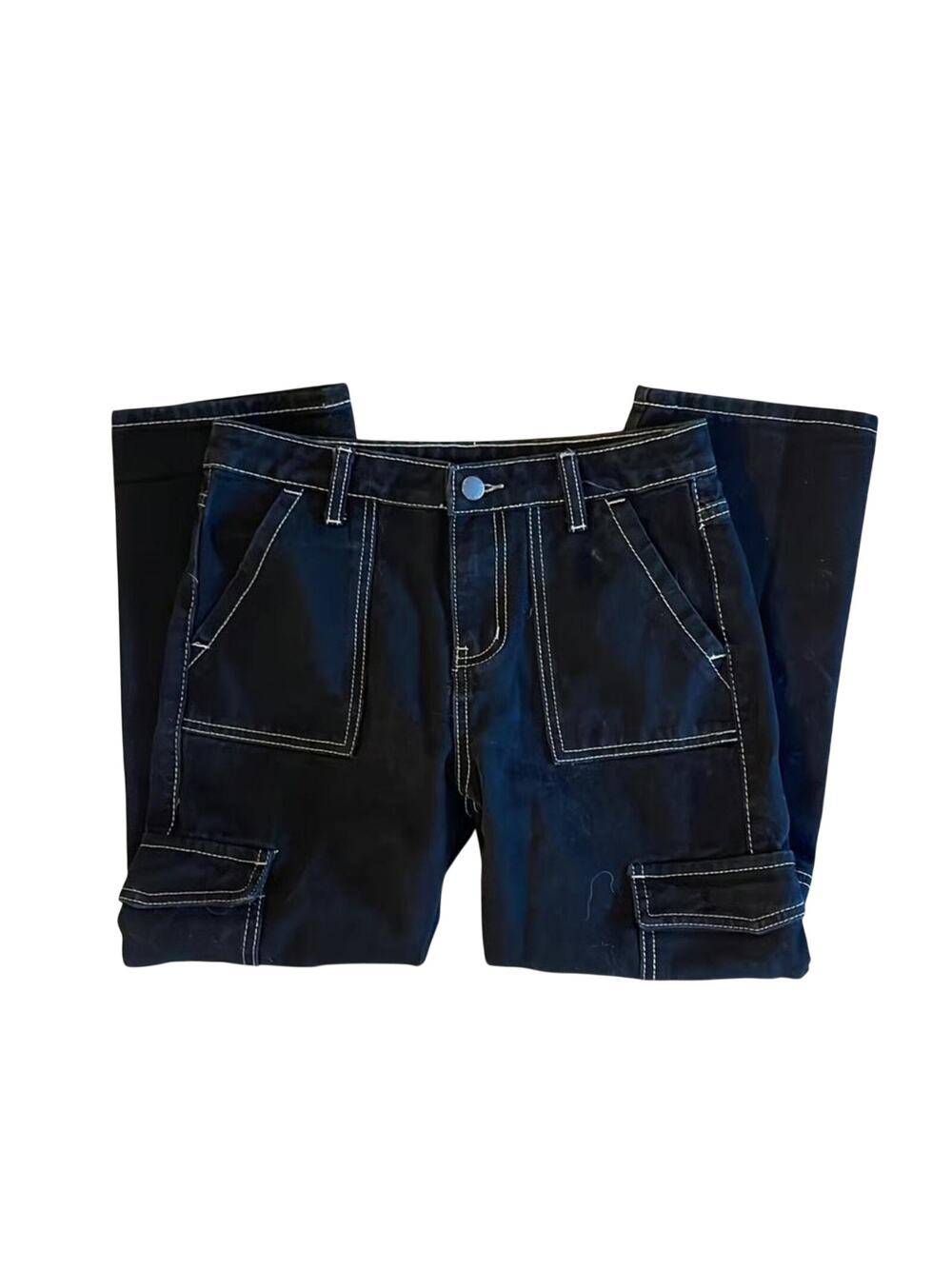 SHEIN Teen Girls Contrast Stitch Black Denim Flap Pocket Cargo Jeans Size 10Y